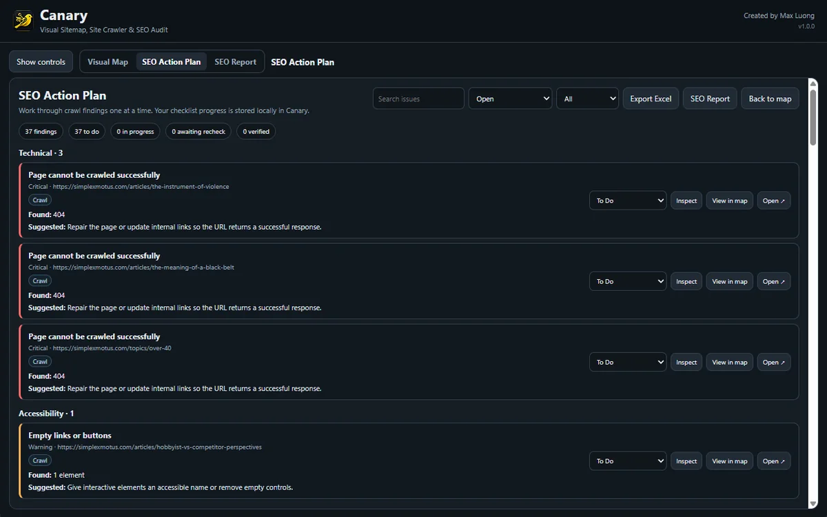 Canary SEO Action Plan showing technical and accessibility findings with workflow controls